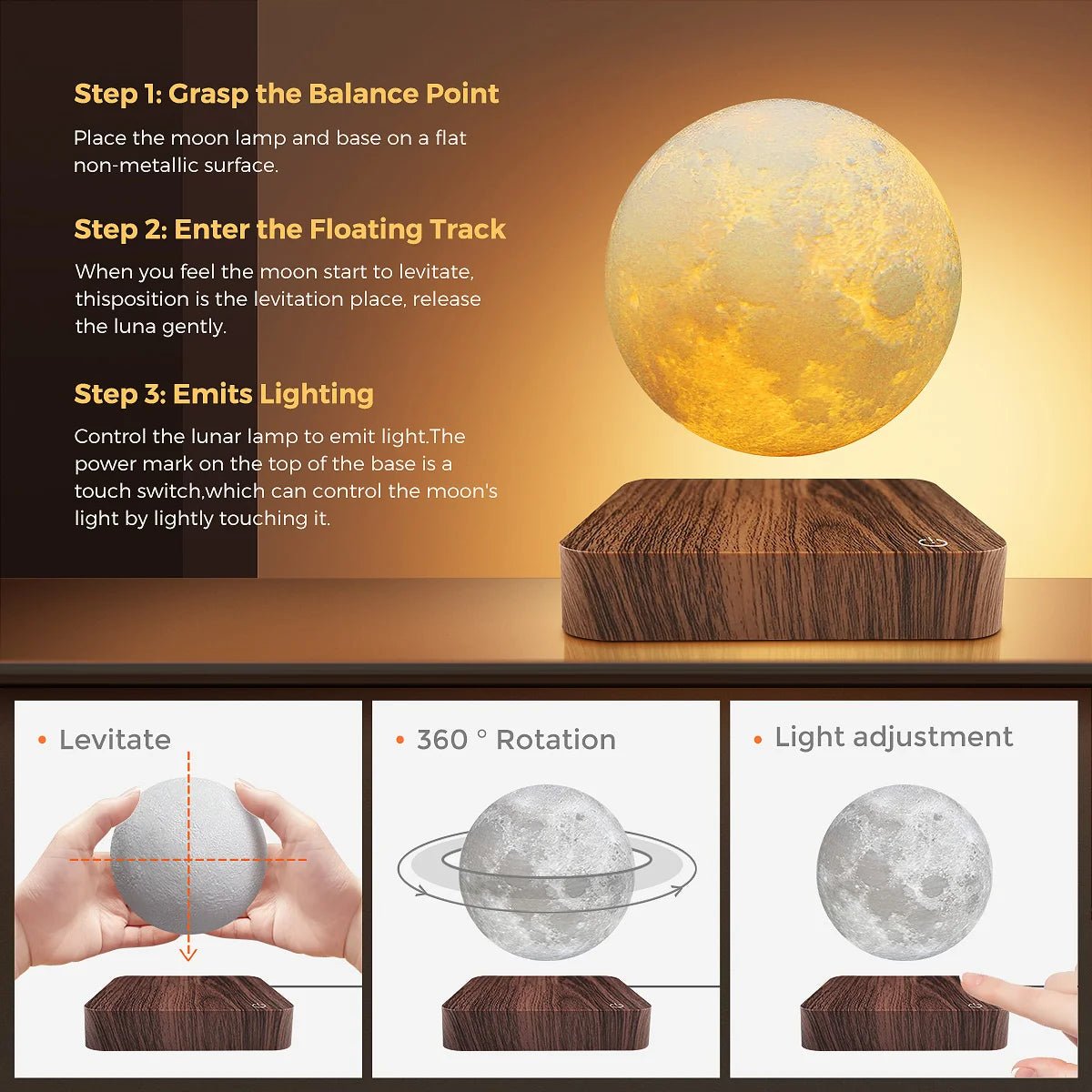 Veilleuse magnétique flottante en forme de lune, 3 températures de couleur, lampe de table LED 3D créative avec socle en bois, idéale comme cadeau ou pour le bureau. - Maison & Déco