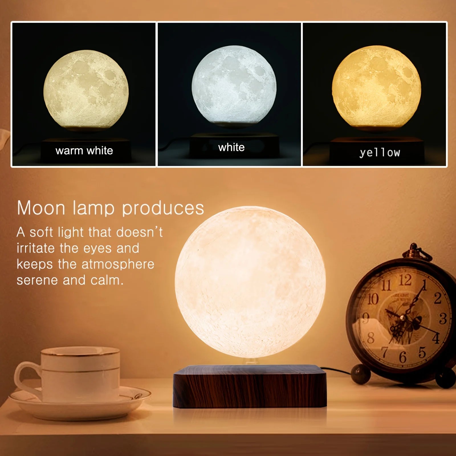 Veilleuse magnétique flottante en forme de lune, 3 températures de couleur, lampe de table LED 3D créative avec socle en bois, idéale comme cadeau ou pour le bureau. - Maison & Déco